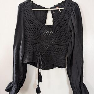 Free People Black Crochet Tie-Waist Peasant Blouse